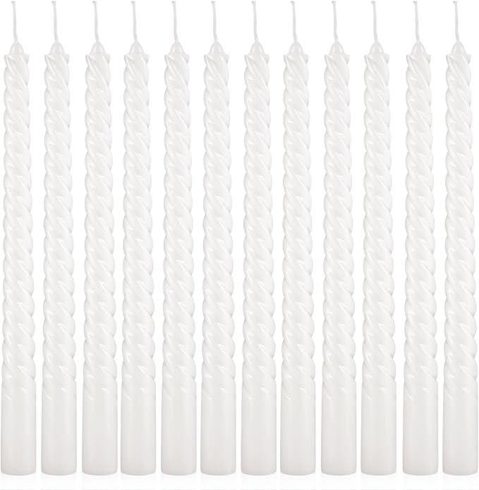 12 Pack White Taper Candles - Premium Spiral Twist Wax Candles, Smokeless & Unscented Elegant for Dining, Weddings, and Home Decor High-end Restaurant Mood Lighting
