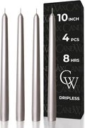 CANDWAX 10 inch Silver Taper Candles Set of 4 - Christmas Candles Taper Dripless - Tall Long Burning Fragrance-Free Silver Candlesticks