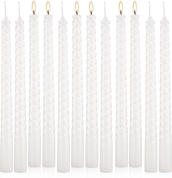 12 Pack White Taper Candles - Premium Spiral Twist Wax Candles, Smokeless & Unscented Elegant for Dining, Weddings, and Home Decor High-end Restaurant Mood Lighting