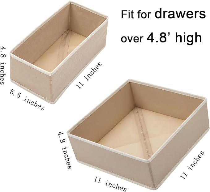Drawer Organizer Set of 4 Beige - Fabric Storage Bins for Clothes, Underwear, Socks & Bras - 11" Dresser Dividers for Bedroom Closet