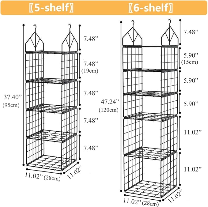 Hanging Closet Organizer, Carbon Steel 5-Shelf Hanging Storage, Collapsible Hanging Shelves, Versatile Storage for Clothes, Handbags (Black)