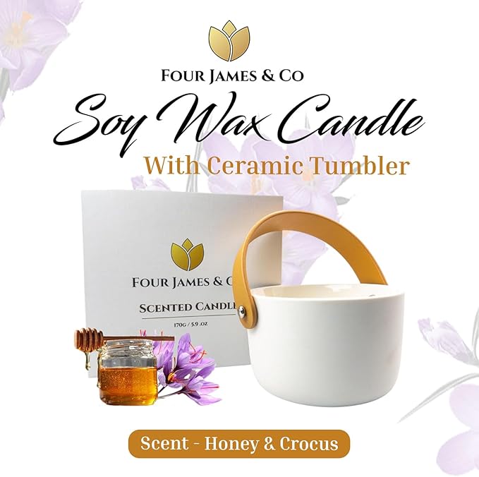 FOUR JAMES & CO Luxury Highly Scented Premium Eco-Friendly Soy Wax 6oz Candles in Modern Giftable Box (Honey & Crocus)