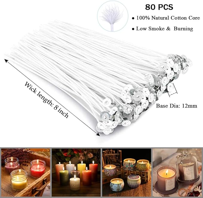 Bulk Cotton Candle Wick 8" Pre-Waxed 80 Pcs with 60Pcs Candle Wick Stickers, 5Pcs Candle Wick Centering Device and 20PCS Metal Tabs for Candle Making (80pcs 20cm Wick kit)