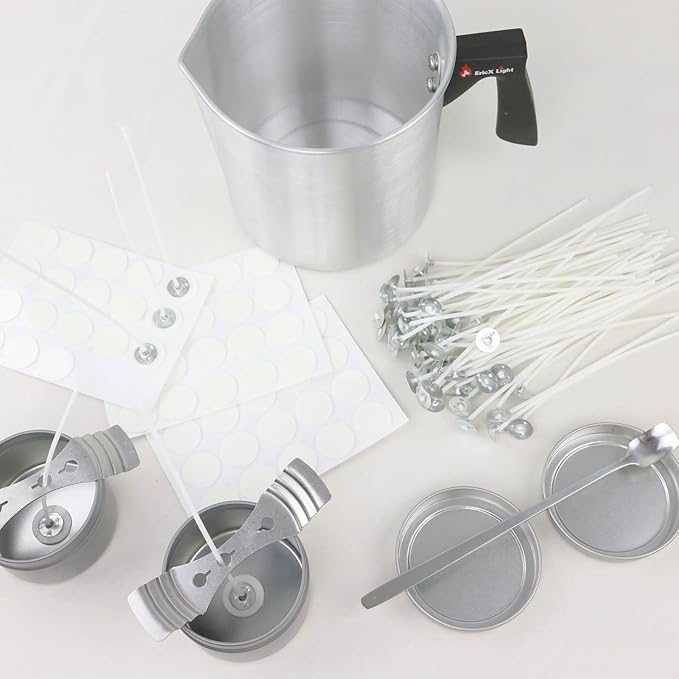 EricX Light Candle Making Kit, 60pcs Candle Wicks, 60pcs Candle Wicks Sticker, 1pc Candle Wax Pouring Pot, 2pcs 3-Hole Wicks Centering Devices, 1pc Mixing Spoon, DIY Candles Craft Tools
