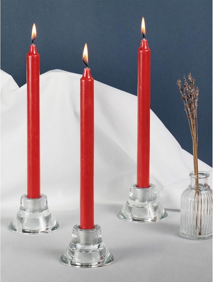 CANDWAX Red Taper Candles Pack of 12 - Slow Burning Dripless Unscented Straight Candles 12 inch - Ideal for Dinner Table - Smokeless Long Candlesticks