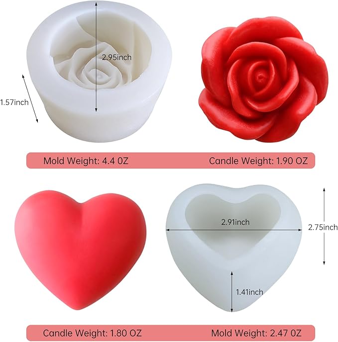 3D Rose & Heart Candle Molds, 2 Pcs Silicone Candle Molds for Candle Making,DIY Handmade Soaps, Flower Ice Cubes, Heart Chocolate, Valentine's Day Gift (Rose&Heart)