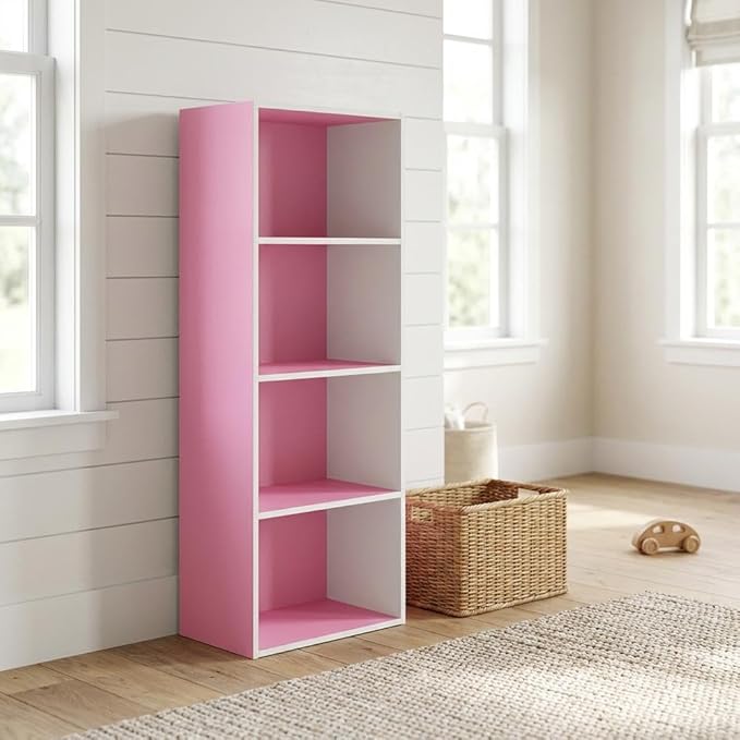 Furnifact Pink White Bookcase with Elegant Wooden Design, Spacious Shelves, Durable Wood Material, and Modern Home Office or Living Room Storage