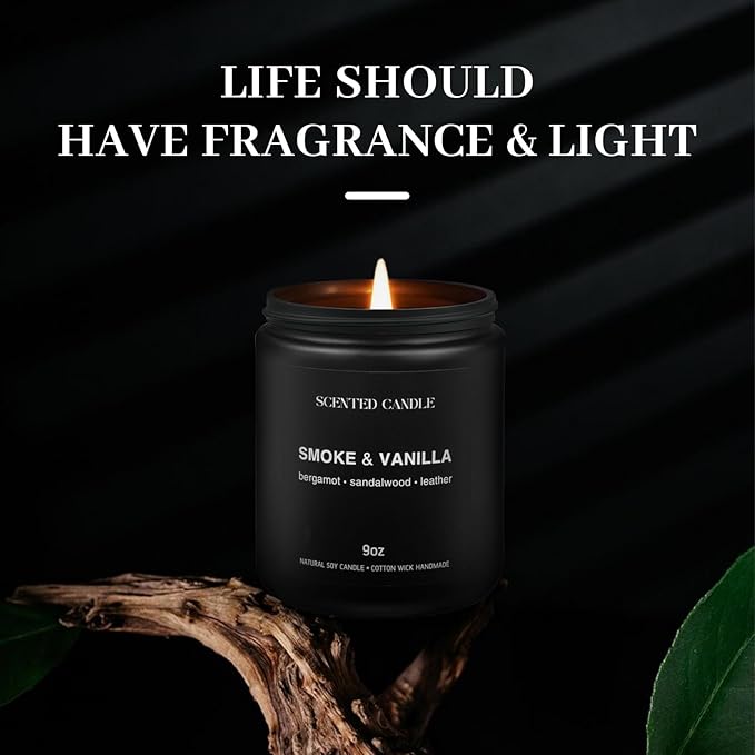 Luxury Smoke & Vanilla Scented Candles Gift Set-100% Natural Soy Wax, 50H Clean Burn, Hand-Poured, Relaxing Aromatherapy for Home, Bedroom, Yoga & Spa,9oz