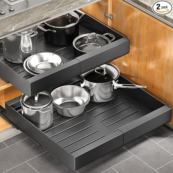Pull out Cabinet Organizer, Wider Expandable(14"-24") Heavy Duty Slide out Drawers Fixed with Adhesive Nano Film for Pots and Pans, Roll out Shelf Storage for Kitchen Base Organization 2-Pack