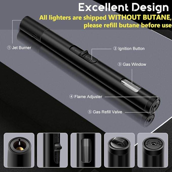 LcFun 2 Pack Torch Lighters Refillable Butane Lighter with Visible Fuel Window, Windproof Adjustable Jet Flame Long Matches Lighters for Candle, Grill, BBQ, Camping, Fireworks (Butane NOT Included)