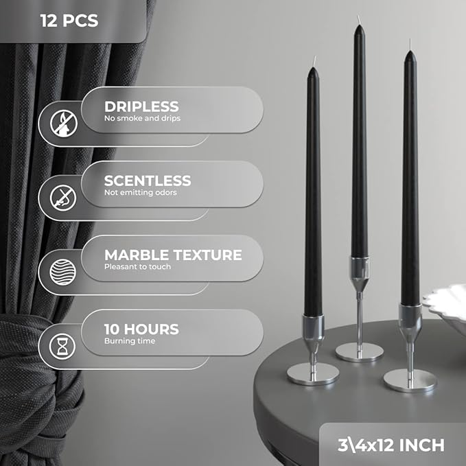 CANDWAX 12 inch Taper Candles Set of 12 - Dripless and Smokeless - Slow Burning Black Tapered Candle Sticks Ideal for Halloween - Black Candles