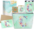 Personalized Gifts Monogrammed Birthday Gifts for Women, Cowerker Bride Wife Sister Wedding Christmas Initial Wine Tumbler Makeup Bag Scented Candle Bracelet Set, (Aesthetic Green Flower C)