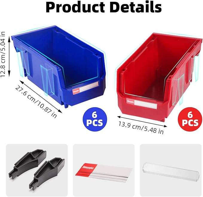Stackable Storage Bins 12 Pack (11x5x5 Inch), Plastic Stackable Storage Organizer Bins Wall Mounted Hanging Samll Parts Bin for Garage, Workbench & Office (Blue & Red)