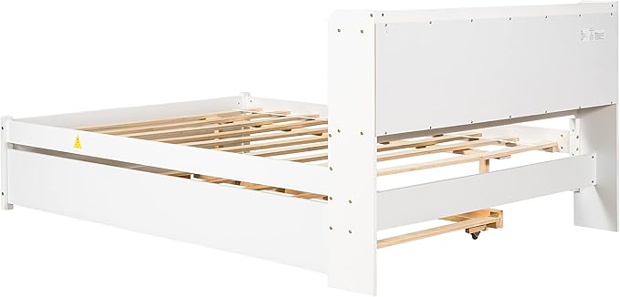 Harper & Bright Designs Full Size Captain Bed with Trundle and Bookcase Headboard, Wooden Full Platform Bed Frame with Storage Bookself, Trundle Bed Under for Kids Girls Boys, White