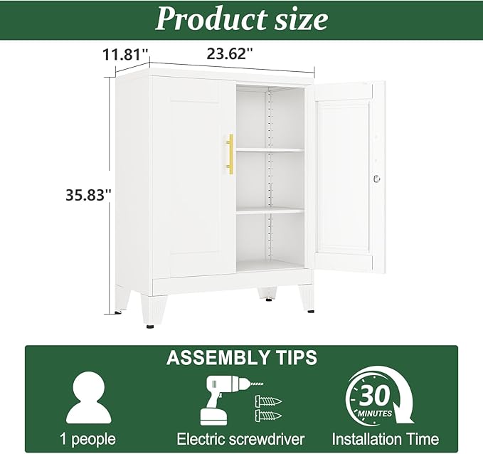 White Metal Storage Cabinet, 36" Tall Locking Storage Cabinet with 2 Adjustable Shelves, Steel Locker Organizer, for Office, Home, School, 11.81" D x 23.62" W x 35.83" H