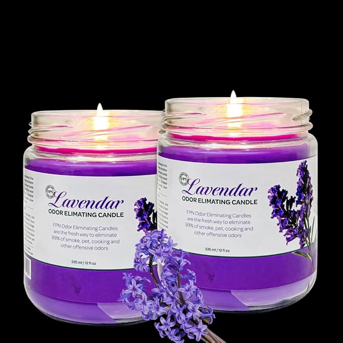 Odor Eliminating Candle Set (Lavender) - Pack of 2 (12oz) | 90 Hour Burn Time | Premium Soy Wax Candles | Eliminates 99% of Pet, Kitchen, & Smoke Odors | Eco-Friendly & Long-Lasting