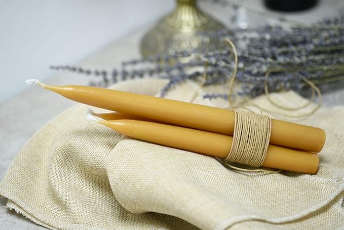 10 inch Natural Beeswax Taper Candles Set of 12, DEYBBY Smokeless and Dripless Beeswax Candles, 9Hrs Burn Time, Nontoxic