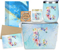 Personalized Gifts Monogrammed Birthday Gifts for Women, Cowerker Bride Wife Sister Wedding Christmas Initial Wine Tumbler Makeup Bag Scented Candle Bracelet Set, (Aesthetic Blue Flower C)
