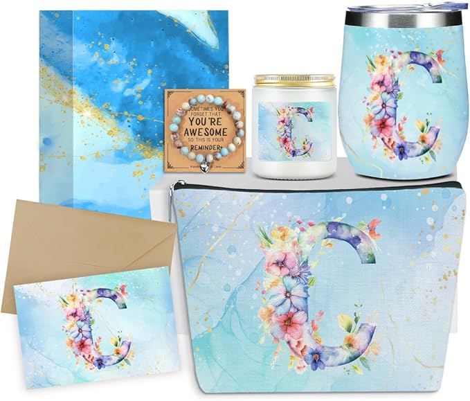 Personalized Gifts Monogrammed Birthday Gifts for Women, Cowerker Bride Wife Sister Wedding Christmas Initial Wine Tumbler Makeup Bag Scented Candle Bracelet Set, (Aesthetic Blue Flower C)