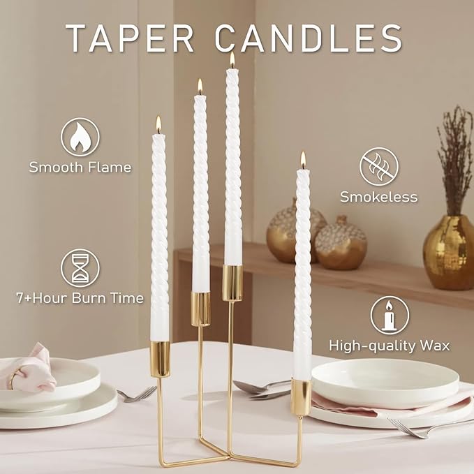 12 Pack White Taper Candles - Premium Spiral Twist Wax Candles, Smokeless & Unscented Elegant for Dining, Weddings, and Home Decor High-end Restaurant Mood Lighting