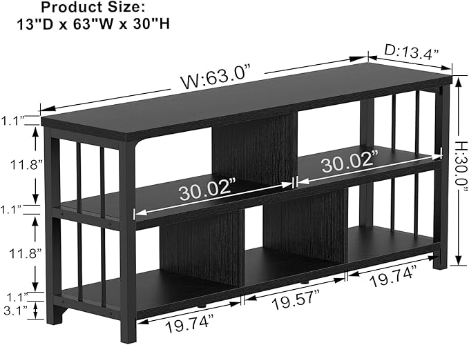 IBF 63” Black Bookshelf, Industrial Long Open Horizontal Cube Book Shelf, Low Wide Home 5 Cube Storage Organizer Shelf for Bedroom, Wood and Metal Cubby Bookcase for Living Room, Black Oak, 63 Inch