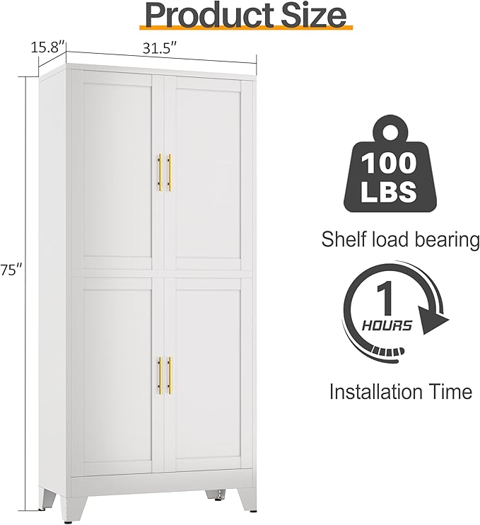 75" H Tall Kitchen Pantry Cabinet, Pantry Storage with Doors and 3 Adjustable Shelves, Metal Storage, Cupboard for Kitchen, White