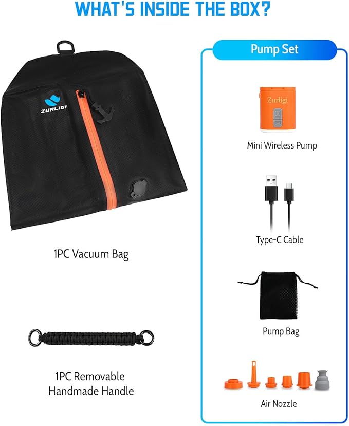 Zurligi Travel Vacuum Compression Bags with Removable Handle & Mini Pump – 39L Reusable IPX8 Waterproof Vacuum Packing Cubes, Vacuum Seal Bags for Clothes, Suitcase & Backpack(1-Pack Black)