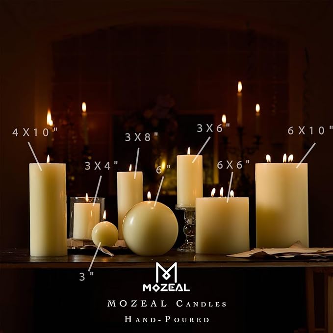 MOZEAL 3" x 4" Hand-Poured Unscented Candle,Dripless Pillar Candle Set of 3,Long Clean Burning,Approx 72 Hours Burn Time,Rustic Country Style,Wedding,Dinner,Christmas and Home Decor,Ivory