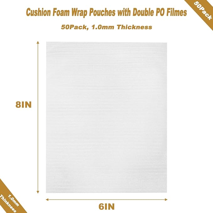 50 Pack 6''x8'' Cushion Foam Pouches, Moving Supplies for Dishes, Packing Foam for Dishes & Cups, Glass Packing Paper and Plate Protectors for Moving Fragile Items (150x200x1MM)
