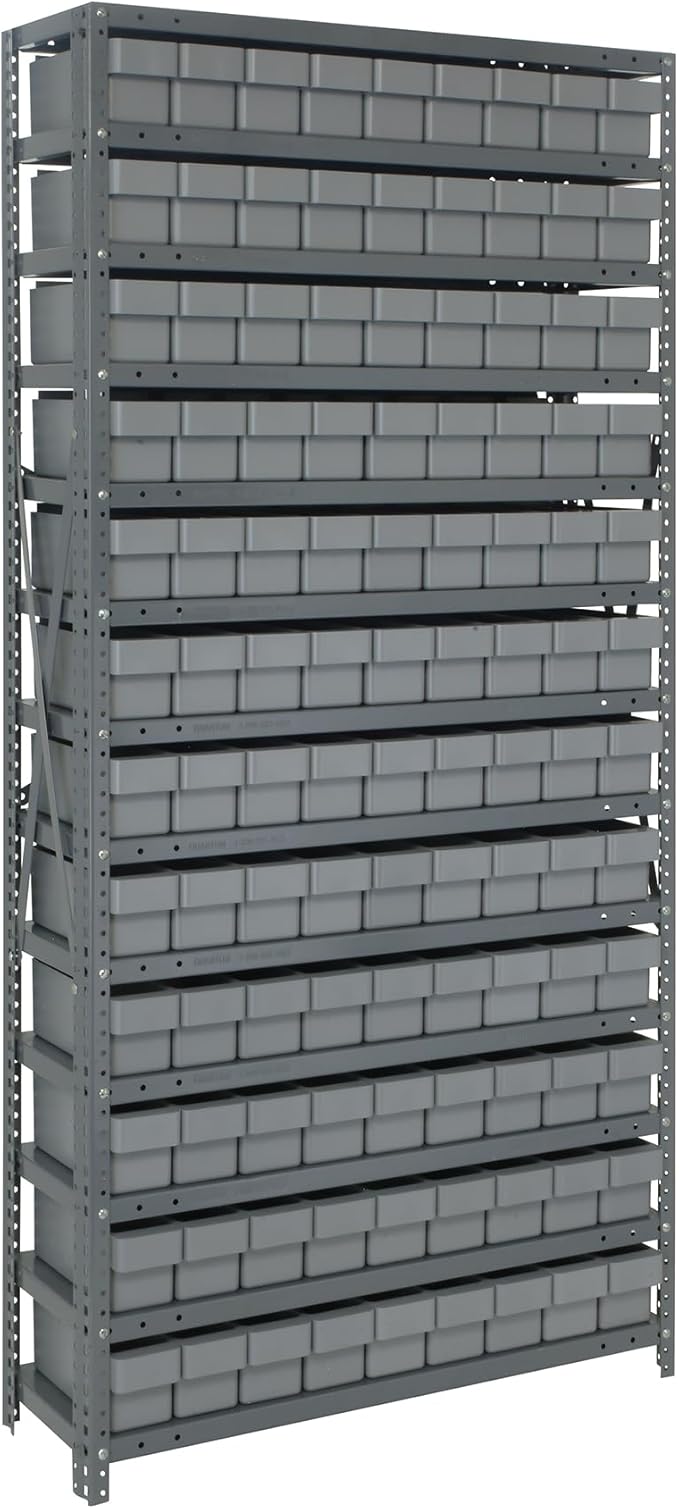 Quantum 1275-501GY Heavy Duty Shelving Unit with (13) Shelves and (108) QED501 Gray Bins for Garage Warehouse Storage Distribution | 400 lb Load Capacity | 12"D x 36"L x 75"H, Galvanized Carbon Steel