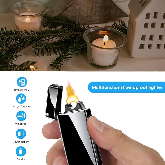 Electric Lighter Rechargeable, Windproof Arc Lighter USB Plasma Lighters with Projection Stone, Visual Battery, Cool Vintage Lighters Custom Design for Outdoor Camping Candle Gift（Black）