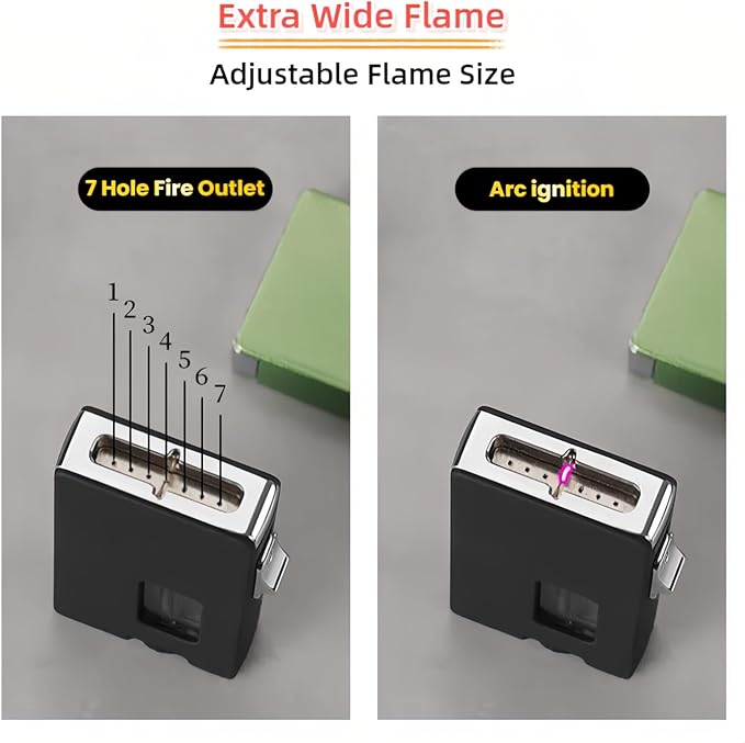 Extra Wide Flame Butane Lighters, Gravity Sensing Shake to Ignite, Adjustable Flame Size, USB-C Charging and Refillable Lighter with Safety Lock (Fuel Not Included) (Green)