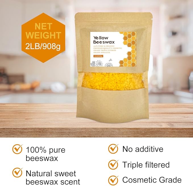 Beeswax Pellets, 2lb Yellow Organic Natural Beeswax Pastilles Pure Bulk Bees Wax Pellets for DIY Beewax Making Candles Skin