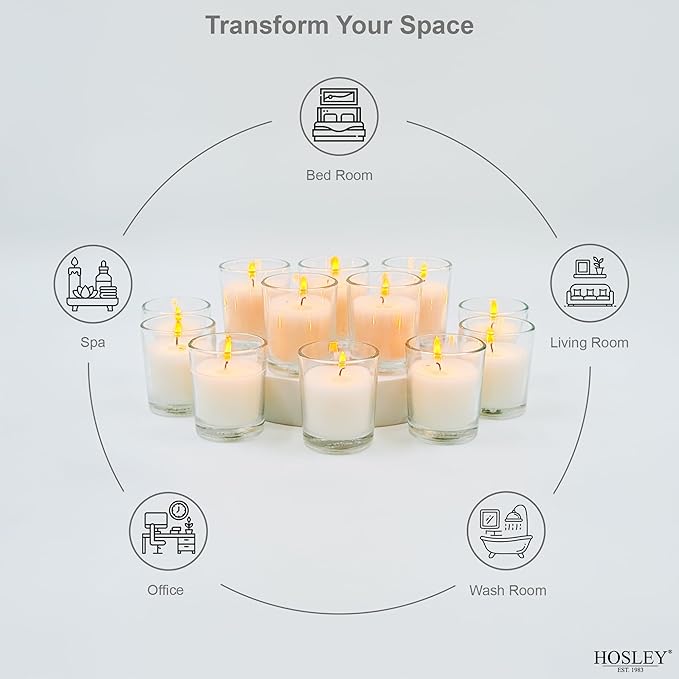 Hosley Set of 12 White Unscented Clear Glass Wax Votive Filled Candles. Hand Poured Vegetable Soy Wax Blend Up to 15 Hour Burn Time. Ideal Gift or Use for Weddings Aromatherapy Party Favor O3
