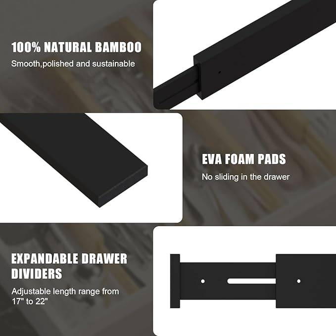 Bamboo Drawer Dividers,17-22" Adjustable Kitchen Drawer Organizer for Clothes,8 Pack Expandable Drawer Organization Separators for Bedroom,Bathroom,Dresser and Office,Black