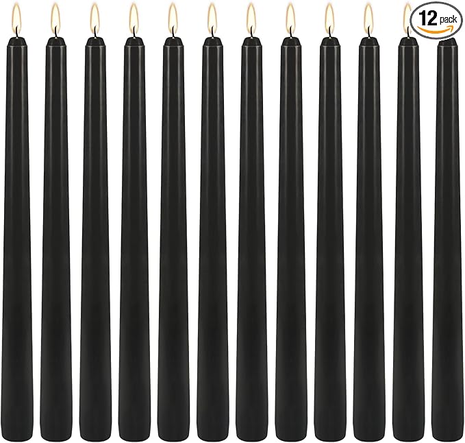 12Pack 10inch Black Taper Candle-Unscented and Smokeless-8hours Long Burning time,Dripless,Ideal for Halloween Taper Candles, Weddings, Dinner,Parties
