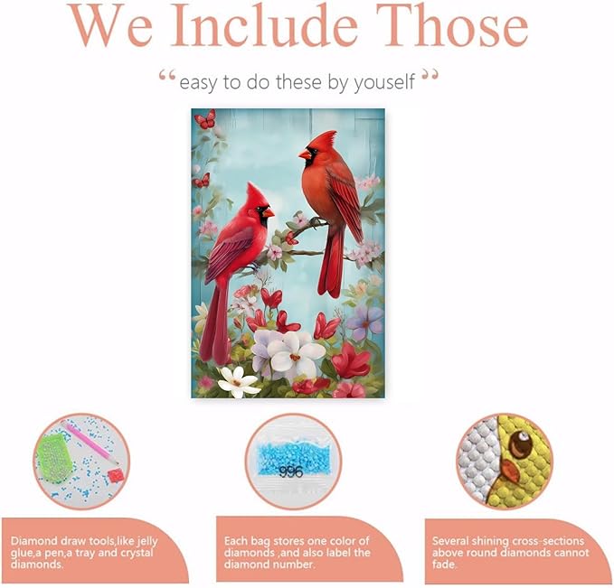 GUAIEUW Red Bird Bouquet Diamond Painting Kit for Adults, Full Round Diamond Cardinal Bird 5D Diamond Painting DIY Art Crafts for Winter Home Wall Decor Holiday Gift 12x18 Inch