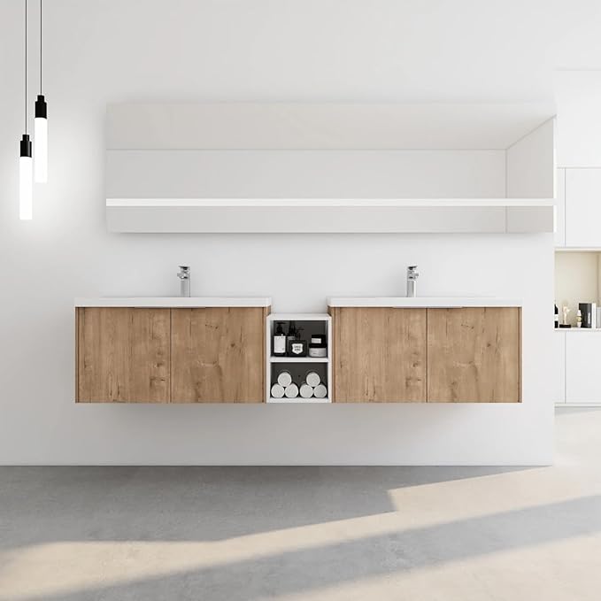 82IN Bathroom Vanity with Double Sink, Modern Solid Wood Floating Bathroom Sink Cabinet, Anti-Fog Mirror, Smart Storage Solutions, Waterproof Design, Open Shelving for Easy Access