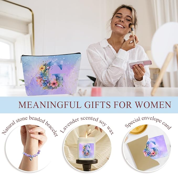 Personalized Gifts Monogrammed Birthday Gifts for Women, Her Employee Housewarming Christmas Initial Wine Tumbler Makeup Bag Scented Candle Bracelet Set, (Aesthetic Purple Flower G)