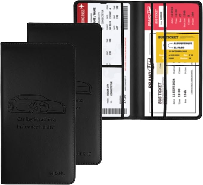 Car Registration and Insurance Card Holder - Leather Vehicle Glove Box Automobile Documents Paperwork Wallet Case Organizer for ID, Driver's License, Key Contact Information Cards