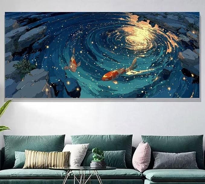 Paint by Numbers Kit for Adults Fish Painting by Numbers Lake DIY Kits for Adults Canvas Oil Painting Crafts, Hobbies for Women Beginner for Home Wall Decor Art, Gifts Without Frame 32x64Inch 8-6729