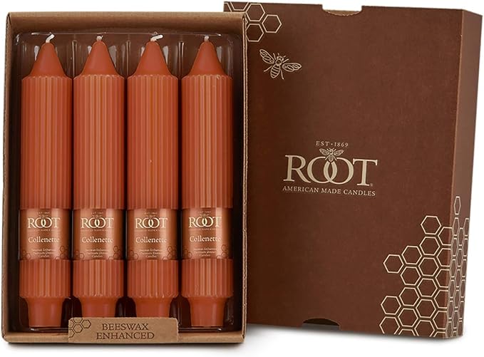 Root Candles 4-Count Unscented Dinner Candles Dripless Beeswax Enhanced Grecian Collenette Boxed Candle Set, 7-Inch, Rust