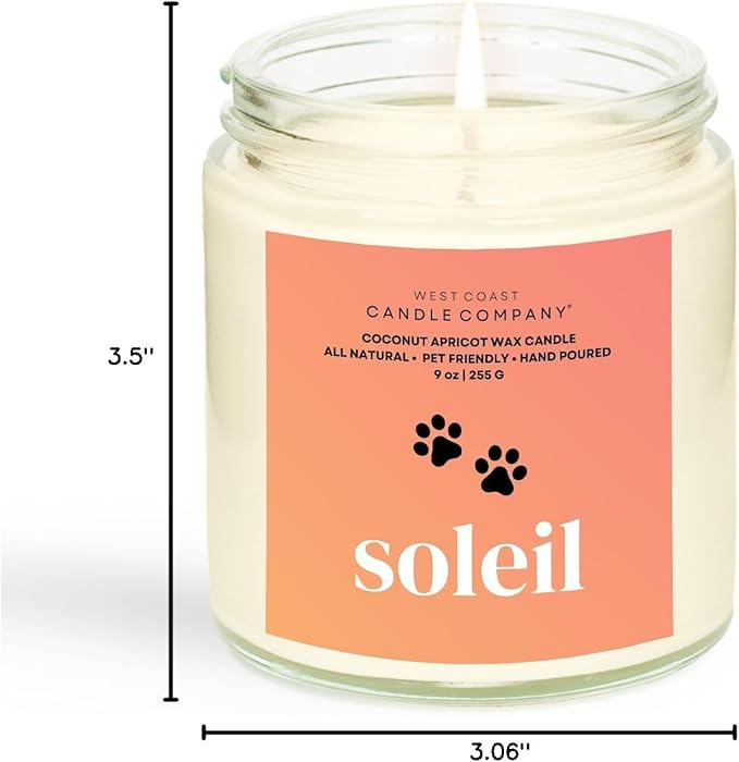Soleil | Pet Friendly Candle | Soy-Free Coconut Apricot Wax | Clean Burning | Non-Toxic | Veterinarian Approved | Pet Odor Eliminator | Air Freshening Scented Candle | 9 oz