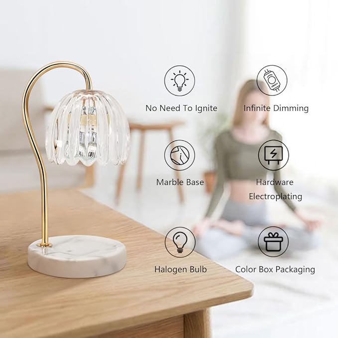 Candle Warmer Lamp with Timer, Electric Candle Warmer with 2 Bulbs for Scented Candles, Dimmable Wax Melt Warmer with Marble Base for Home Room Décor, Gifts for Women Mom