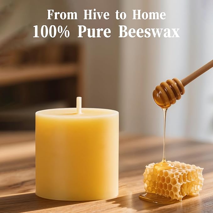 3 Pack Beeswax Candles - 3x3inchs Emergency Candles, Beeswax Pillar Candles 150 Hours Long Burning, Organic Unscented Dripless Smokeless Bees Wax Candle Bulk for Home Paryer Party (3x3in)