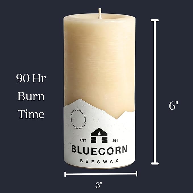 Bluecorn Beeswax Pillar Candle, 100% Pure Natural Bees Wax, Ivory White 3x6 Candle, Clean Burning & Dripless, Long Lasting (90 Hrs), Paraffin, Soy & Fragrance Free, Home Decor, American Made, 1 Count