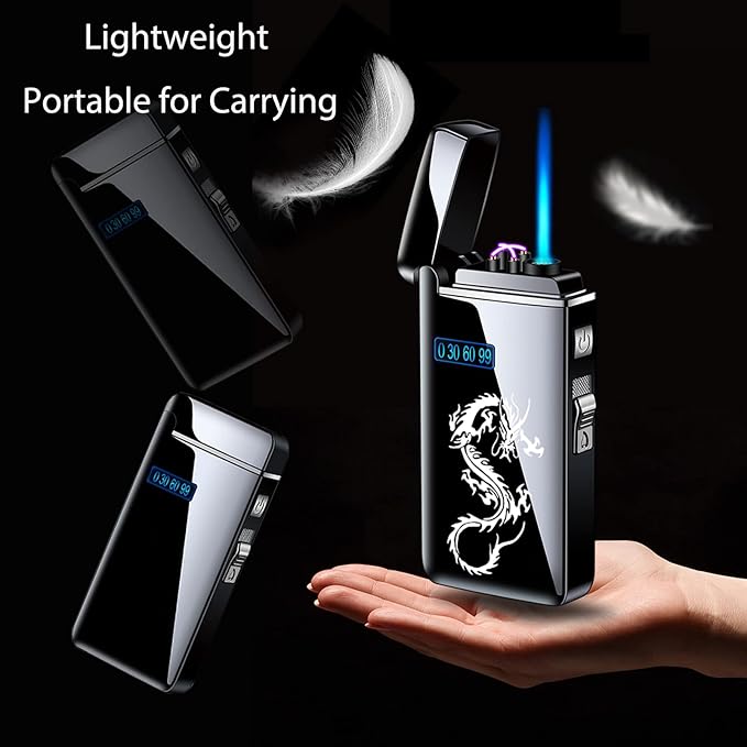 Dragon Arc Lighter - Jet Flame Torch, 2-in-1 USB Rechargeable with Battery Indicator, Windproof, Refillable Butane, Cycle Charge Plasma (Black)