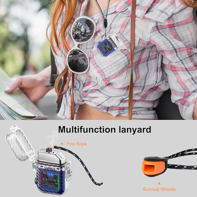 SUPRUS Luminous 3 Modes of Flashlight Windproof Waterproof Lighter Electric Rechargeable Dual Arc Plasma Lighter with Survival Emergency Whistle and Lanyard (Blue)
