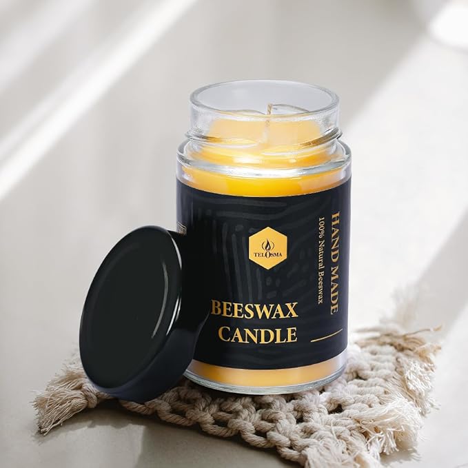 Beeswax Jar Candle in Glass Container, Natural Organic Candle Smokeless Clean Burn | 36 Hours Burning Time, Yellow