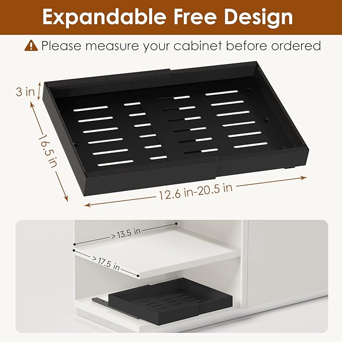 2 Pack Expandable Pull Out Cabinet Organizer 16.5" Deep, Adjustable Width 12.6"-20.5", No Drill Adhesive with Triple Track Rails, Heavy Duty Slide Out Drawers for Kitchen,Pantry,Cabinets,Black